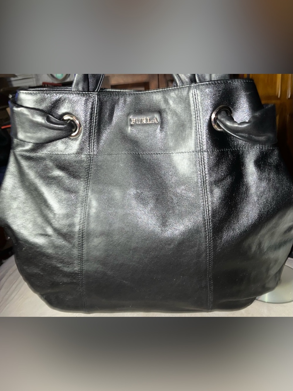 Furla EUC Black Leather Hobo Bag With Silver Hardware